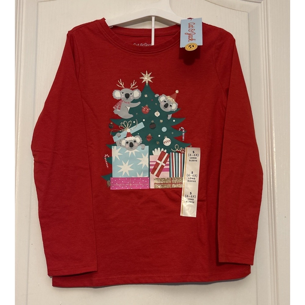 New Cat & Jack Girls long sleeve Christmas shirt size S (6) Koalas and Tree